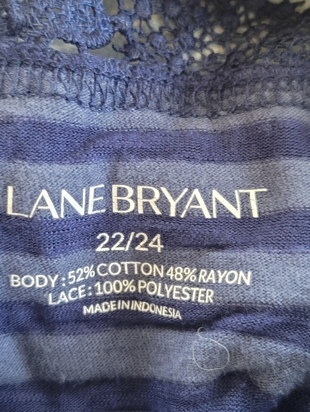 Lane Bryant Navy Blue Striped Top with Floral Lace Yoke - Picture 2 of 8